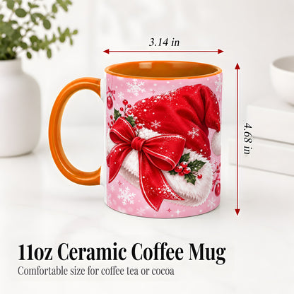 #pl[11oz|Orange] Santa Hat Accent Mug, Ceramic Mug with Red Bow Christmas Artwork
