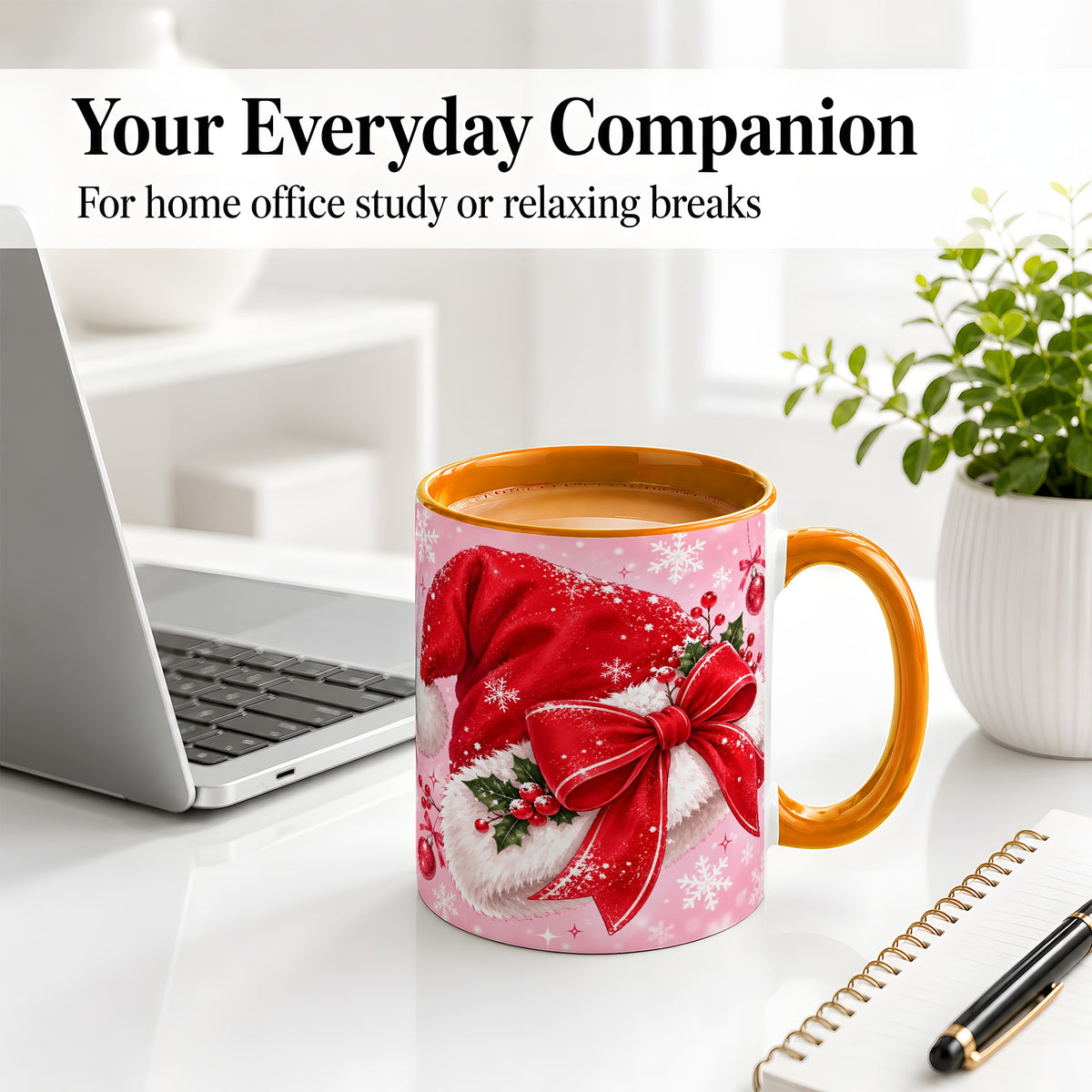 #pl[11oz|Orange] Santa Hat Accent Mug, Ceramic Mug with Red Bow Christmas Artwork