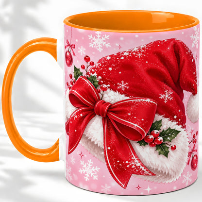 #pl[11oz|Orange] Santa Hat Accent Mug, Ceramic Mug with Red Bow Christmas Artwork