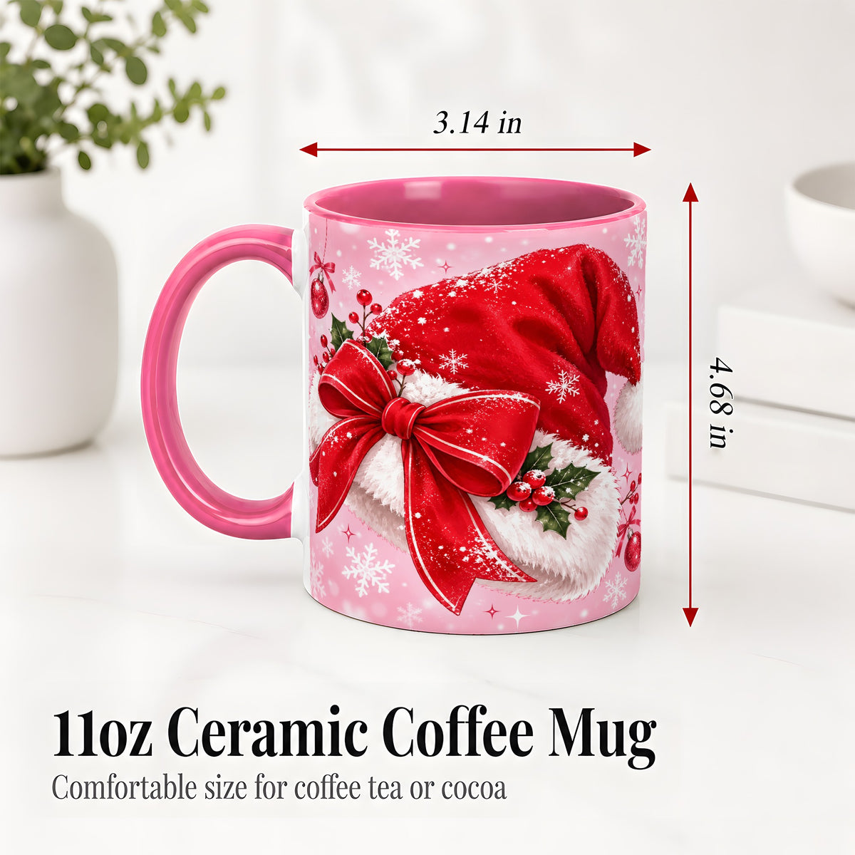 #pl[11oz|Pink] Santa Hat Accent Mug, Ceramic Mug with Red Bow Christmas Artwork