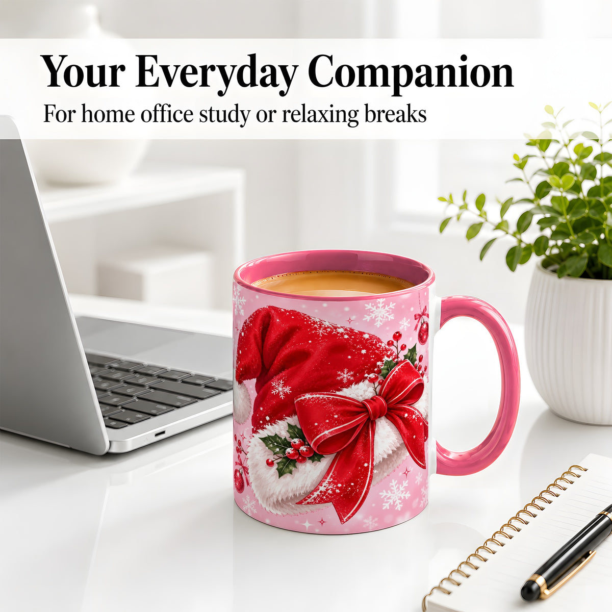 #pl[11oz|Pink] Santa Hat Accent Mug, Ceramic Mug with Red Bow Christmas Artwork