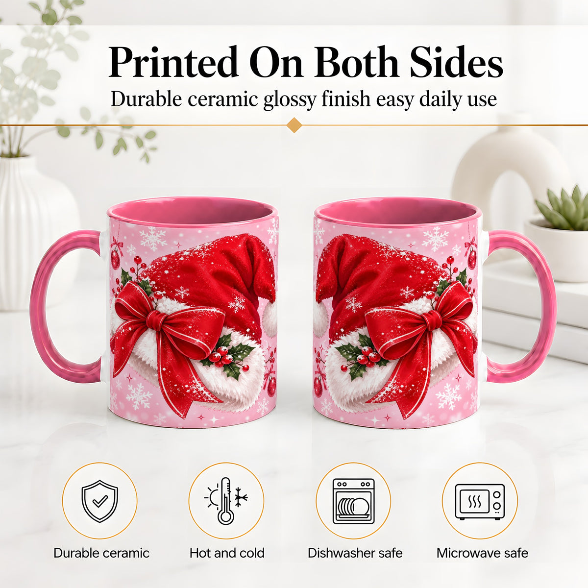 #pl[11oz|Pink] Santa Hat Accent Mug, Ceramic Mug with Red Bow Christmas Artwork