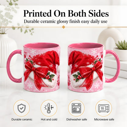 #pl[11oz|Pink] Santa Hat Accent Mug, Ceramic Mug with Red Bow Christmas Artwork