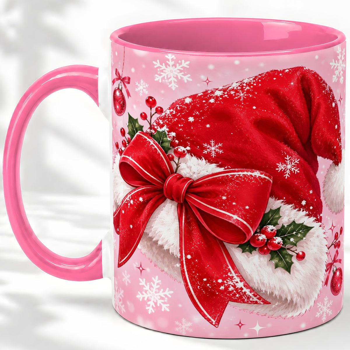 #pl[11oz|Pink] Santa Hat Accent Mug, Ceramic Mug with Red Bow Christmas Artwork