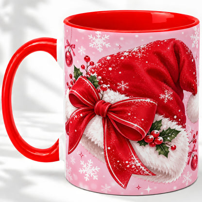 Santa Hat Accent Mug, Ceramic Mug with Red Bow Christmas Artwork