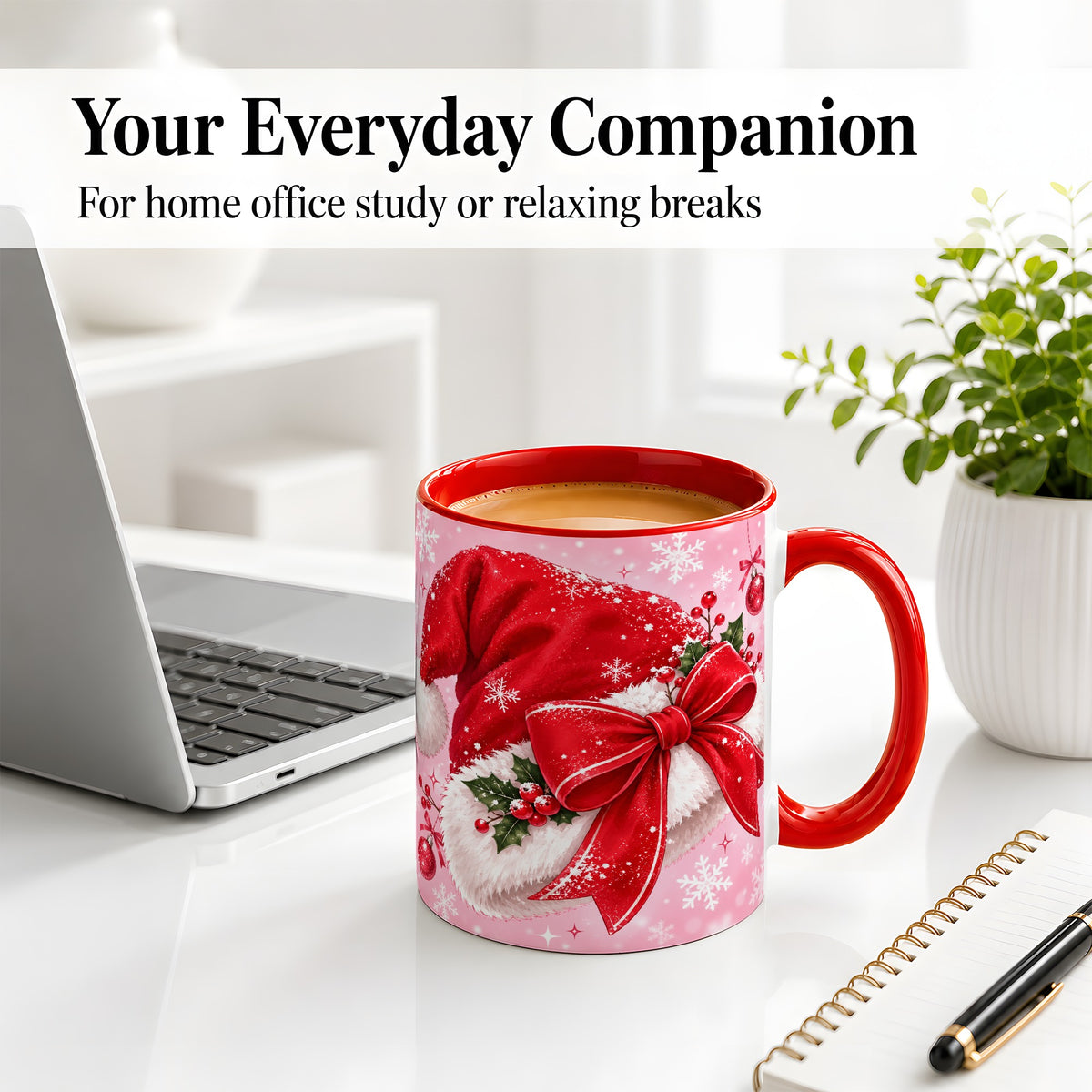 #pl[11oz|Red] Santa Hat Accent Mug, Ceramic Mug with Red Bow Christmas Artwork