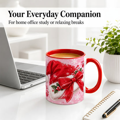 #pl[11oz|Red] Santa Hat Accent Mug, Ceramic Mug with Red Bow Christmas Artwork
