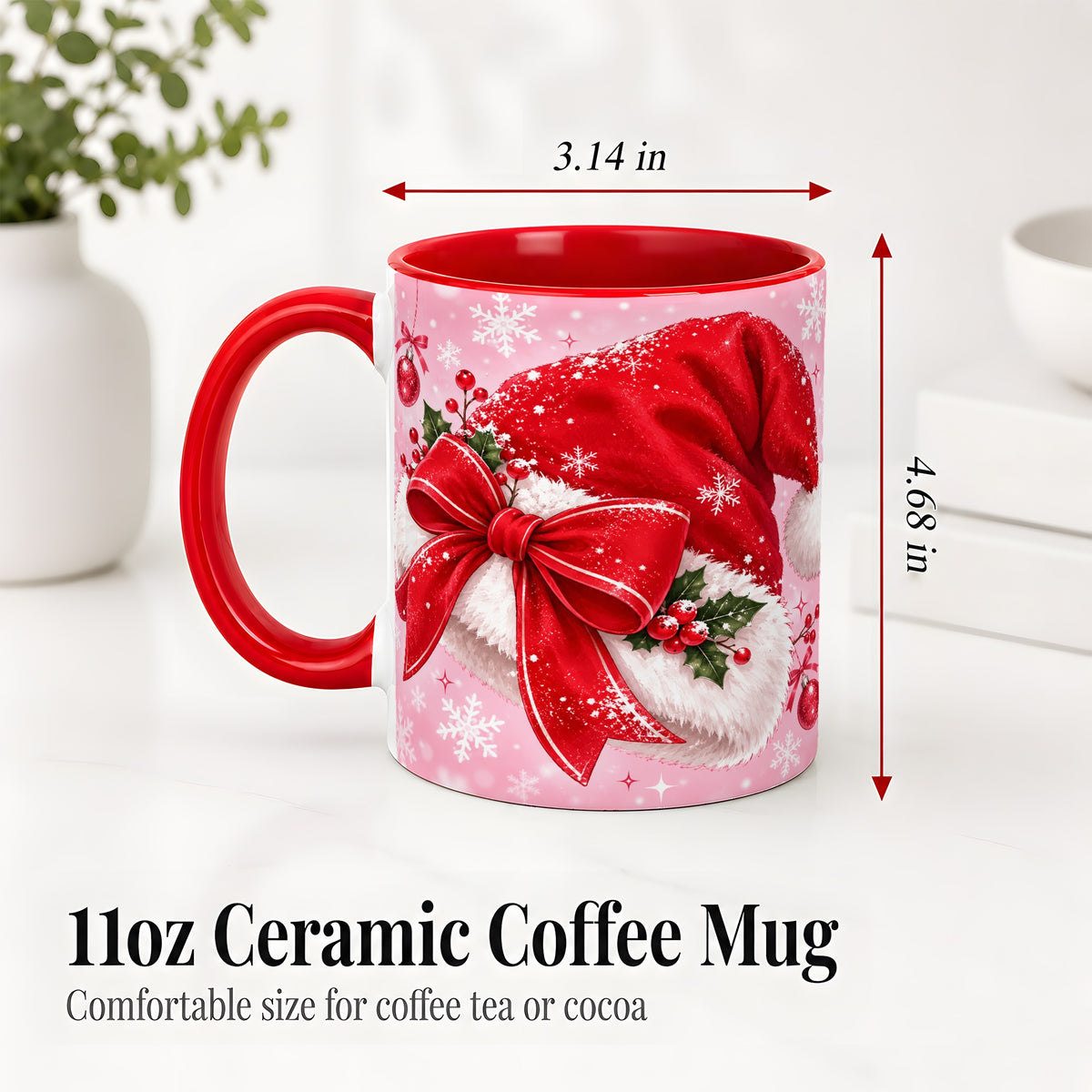 #pl[11oz|Red] Santa Hat Accent Mug, Ceramic Mug with Red Bow Christmas Artwork