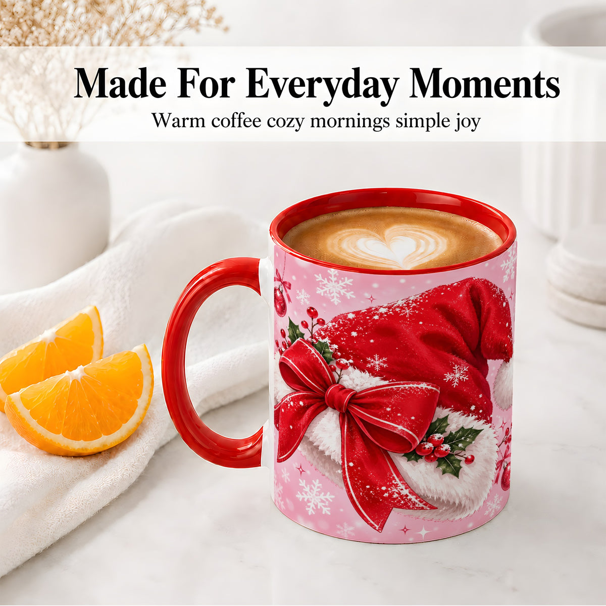 #pl[11oz|Red] Santa Hat Accent Mug, Ceramic Mug with Red Bow Christmas Artwork