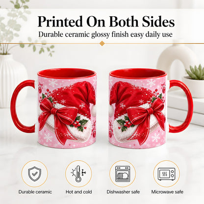 #pl[11oz|Red] Santa Hat Accent Mug, Ceramic Mug with Red Bow Christmas Artwork