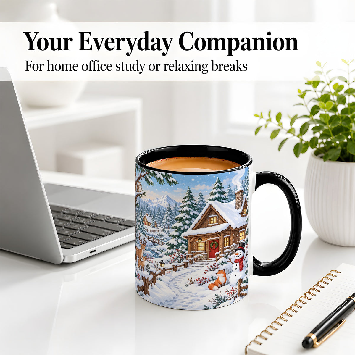 #pl[11oz|Black] Snowy Cabin Accent Mug, Ceramic Mug with Winter Forest Artwork