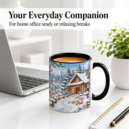 #pl[11oz|Black] Snowy Cabin Accent Mug, Ceramic Mug with Winter Forest Artwork