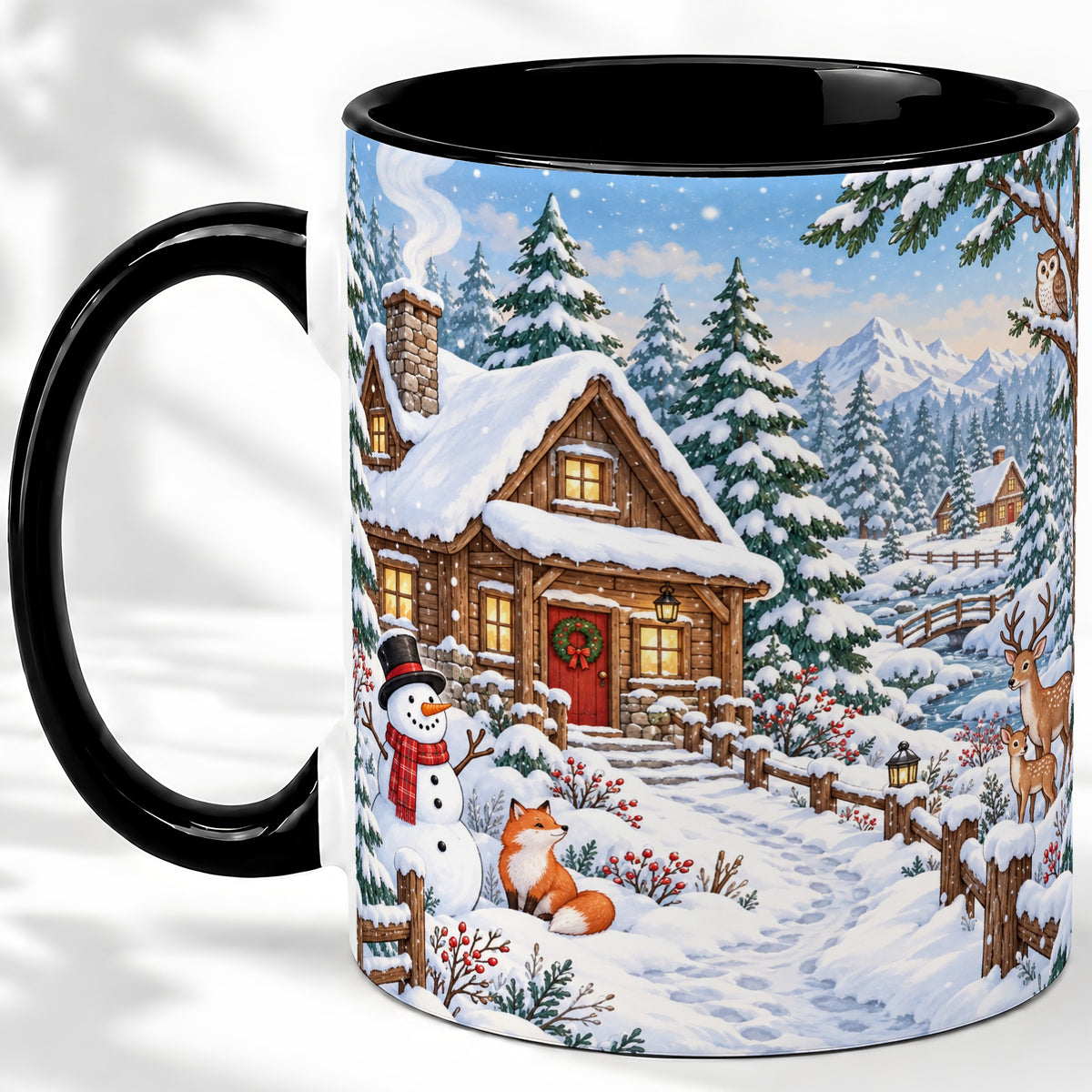 #pl[11oz|Black] Snowy Cabin Accent Mug, Ceramic Mug with Winter Forest Artwork