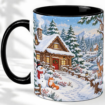 #pl[11oz|Black] Snowy Cabin Accent Mug, Ceramic Mug with Winter Forest Artwork