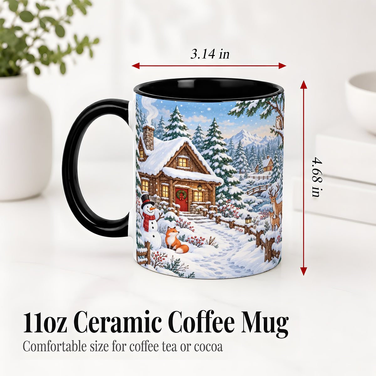 #pl[11oz|Black] Snowy Cabin Accent Mug, Ceramic Mug with Winter Forest Artwork