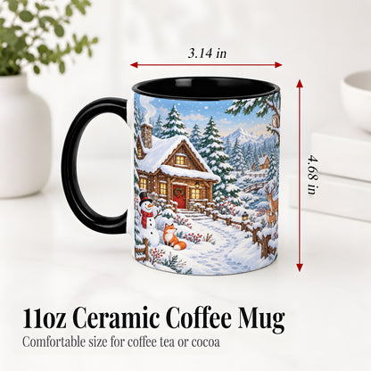 #pl[11oz|Black] Snowy Cabin Accent Mug, Ceramic Mug with Winter Forest Artwork