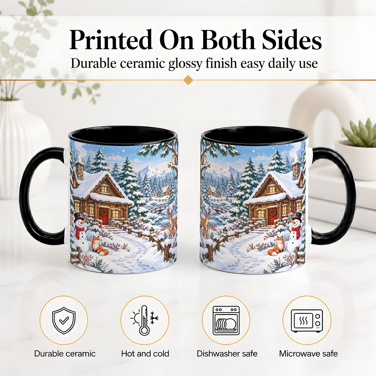 #pl[11oz|Black] Snowy Cabin Accent Mug, Ceramic Mug with Winter Forest Artwork