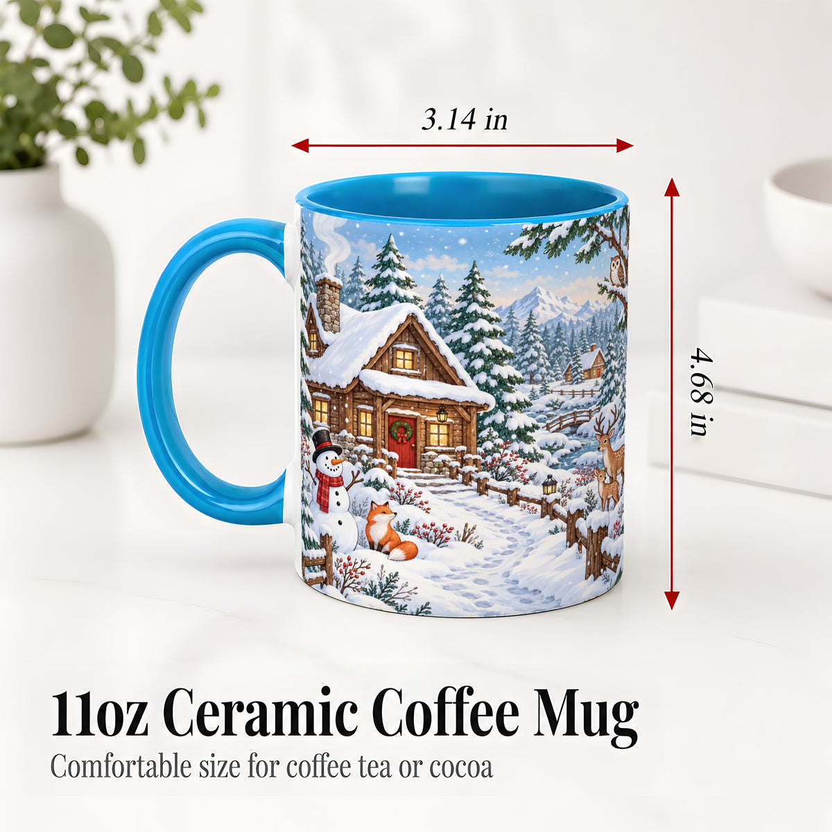 #pl[11oz|Blue] Snowy Cabin Accent Mug, Ceramic Mug with Winter Forest Artwork