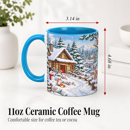 #pl[11oz|Blue] Snowy Cabin Accent Mug, Ceramic Mug with Winter Forest Artwork