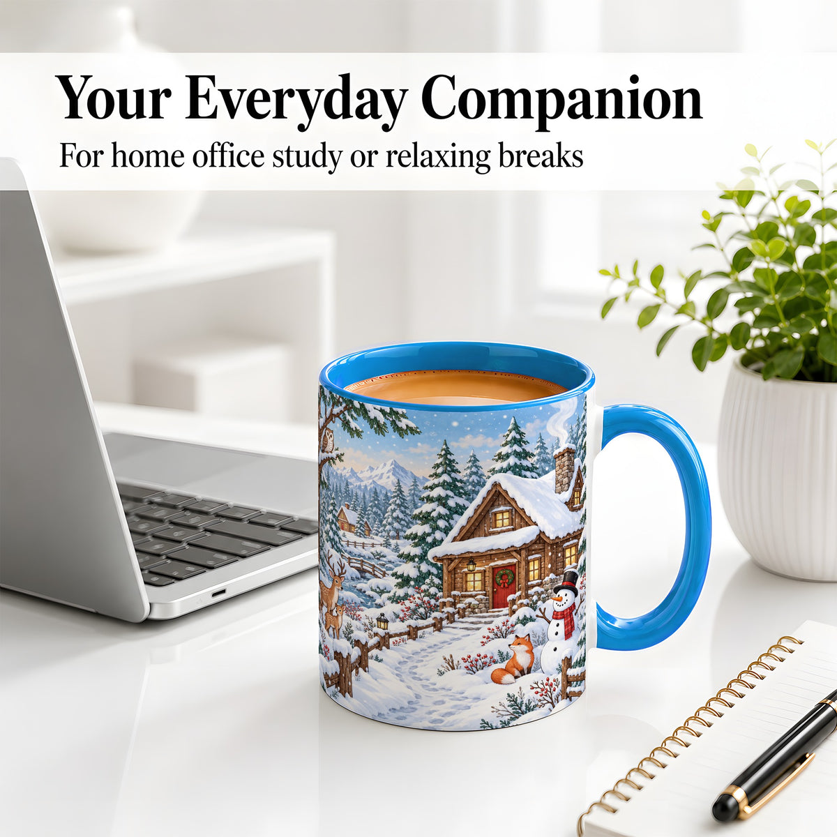 #pl[11oz|Blue] Snowy Cabin Accent Mug, Ceramic Mug with Winter Forest Artwork