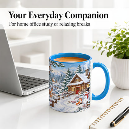 #pl[11oz|Blue] Snowy Cabin Accent Mug, Ceramic Mug with Winter Forest Artwork