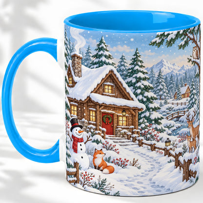 #pl[11oz|Blue] Snowy Cabin Accent Mug, Ceramic Mug with Winter Forest Artwork