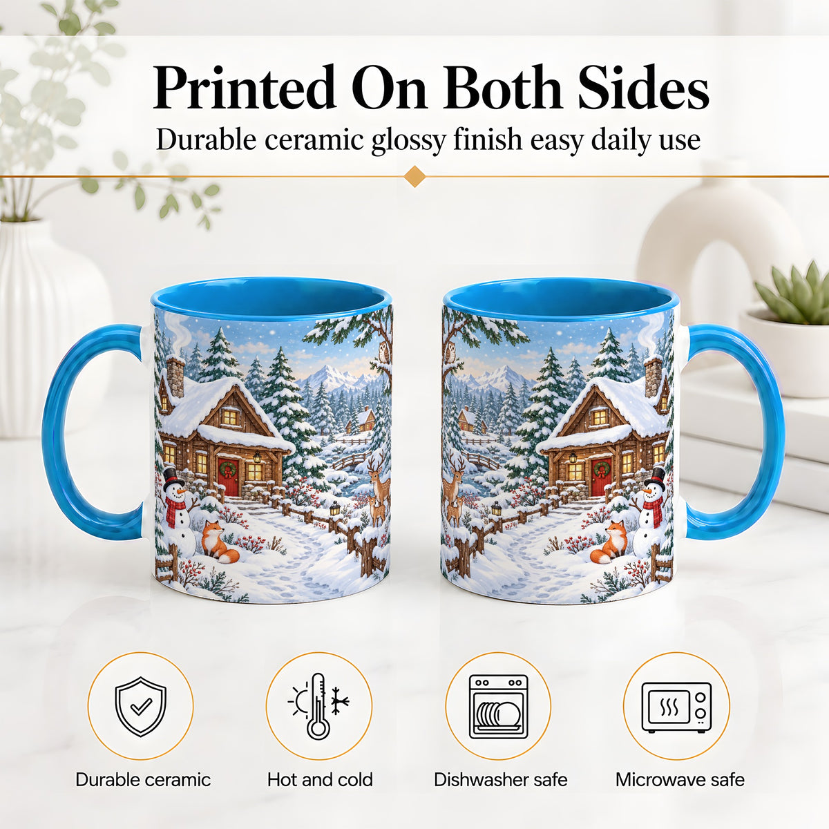 #pl[11oz|Blue] Snowy Cabin Accent Mug, Ceramic Mug with Winter Forest Artwork