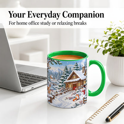 #pl[11oz|Green] Snowy Cabin Accent Mug, Ceramic Mug with Winter Forest Artwork