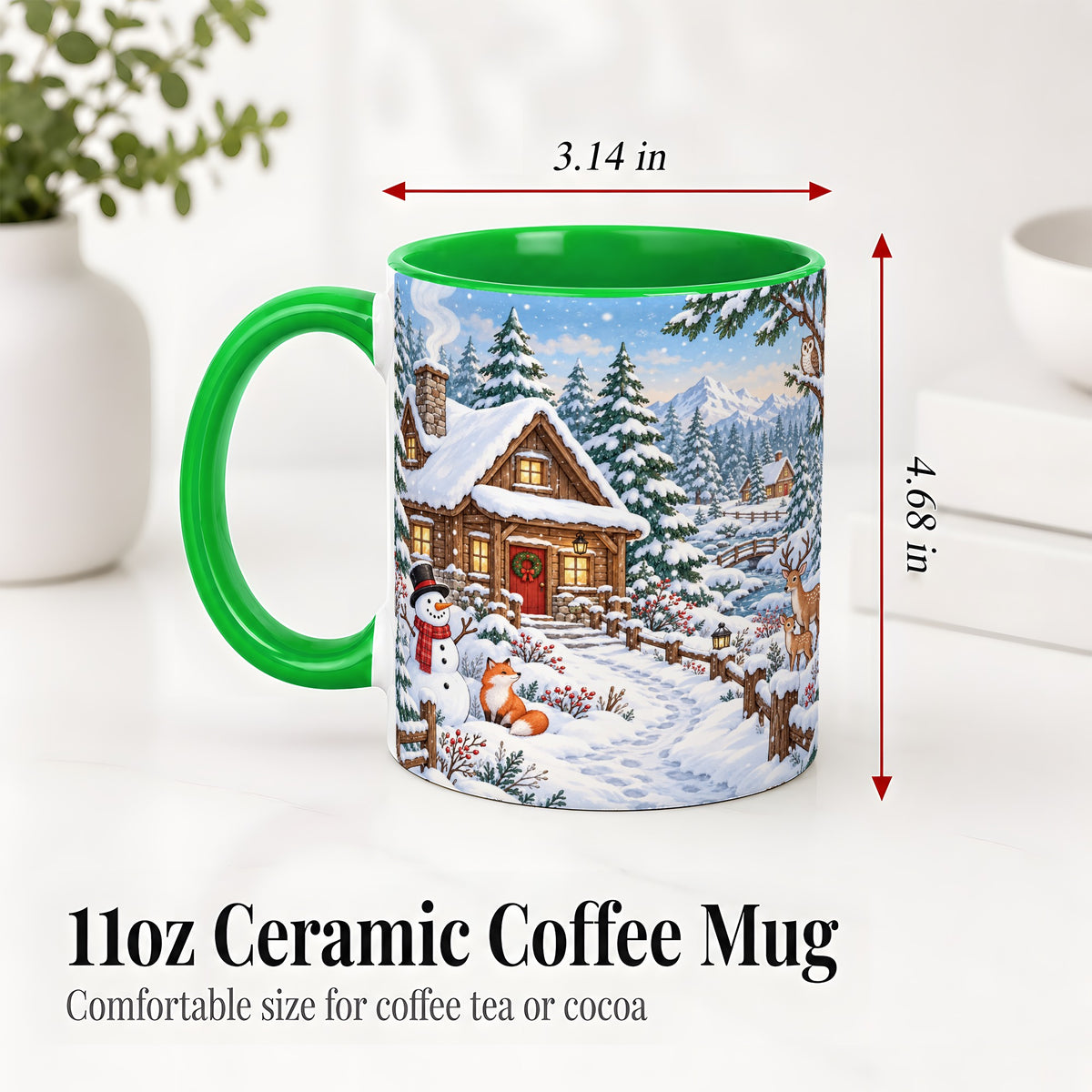 #pl[11oz|Green] Snowy Cabin Accent Mug, Ceramic Mug with Winter Forest Artwork