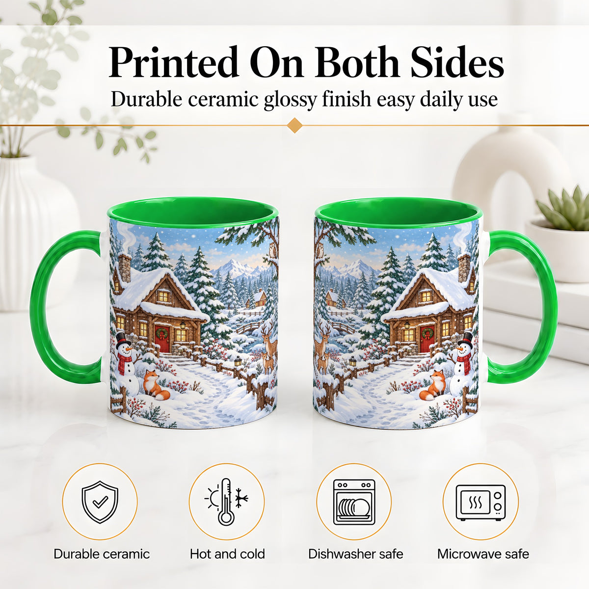 #pl[11oz|Green] Snowy Cabin Accent Mug, Ceramic Mug with Winter Forest Artwork