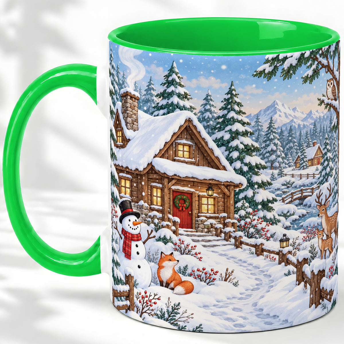 #pl[11oz|Green] Snowy Cabin Accent Mug, Ceramic Mug with Winter Forest Artwork