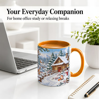 #pl[11oz|Orange] Snowy Cabin Accent Mug, Ceramic Mug with Winter Forest Artwork