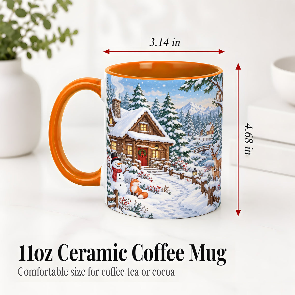 #pl[11oz|Orange] Snowy Cabin Accent Mug, Ceramic Mug with Winter Forest Artwork