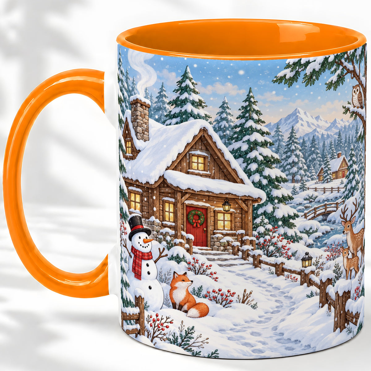 #pl[11oz|Orange] Snowy Cabin Accent Mug, Ceramic Mug with Winter Forest Artwork
