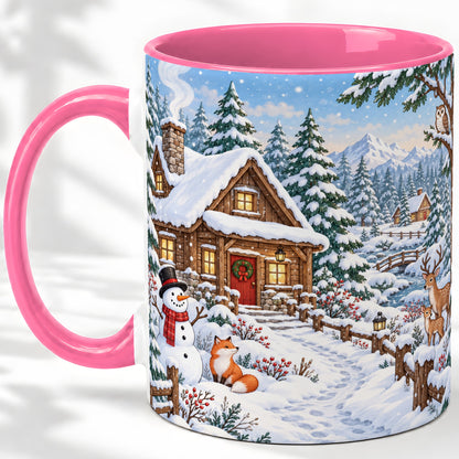 #pl[11oz|Pink] Snowy Cabin Accent Mug, Ceramic Mug with Winter Forest Artwork
