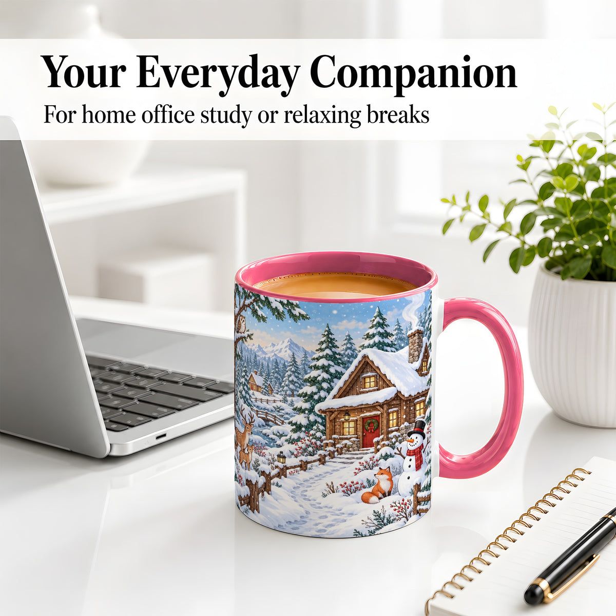 #pl[11oz|Pink] Snowy Cabin Accent Mug, Ceramic Mug with Winter Forest Artwork