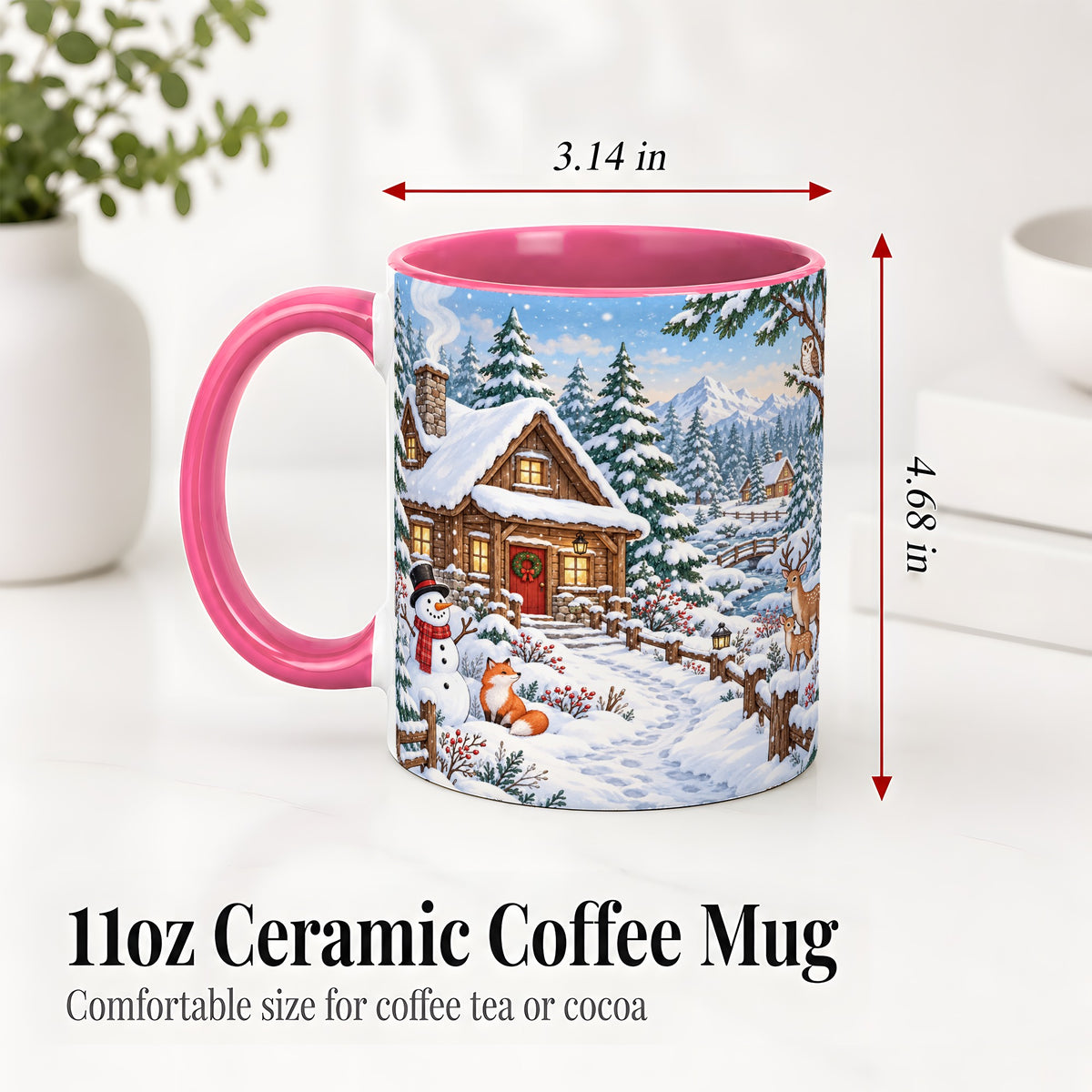 #pl[11oz|Pink] Snowy Cabin Accent Mug, Ceramic Mug with Winter Forest Artwork