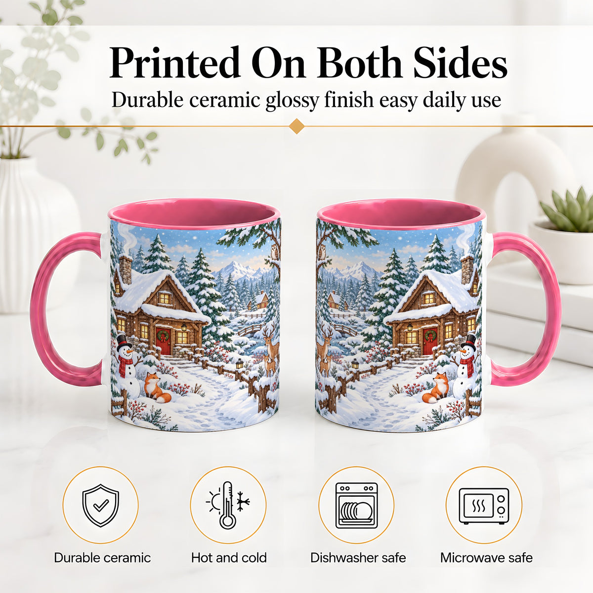 #pl[11oz|Pink] Snowy Cabin Accent Mug, Ceramic Mug with Winter Forest Artwork