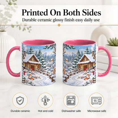 #pl[11oz|Pink] Snowy Cabin Accent Mug, Ceramic Mug with Winter Forest Artwork