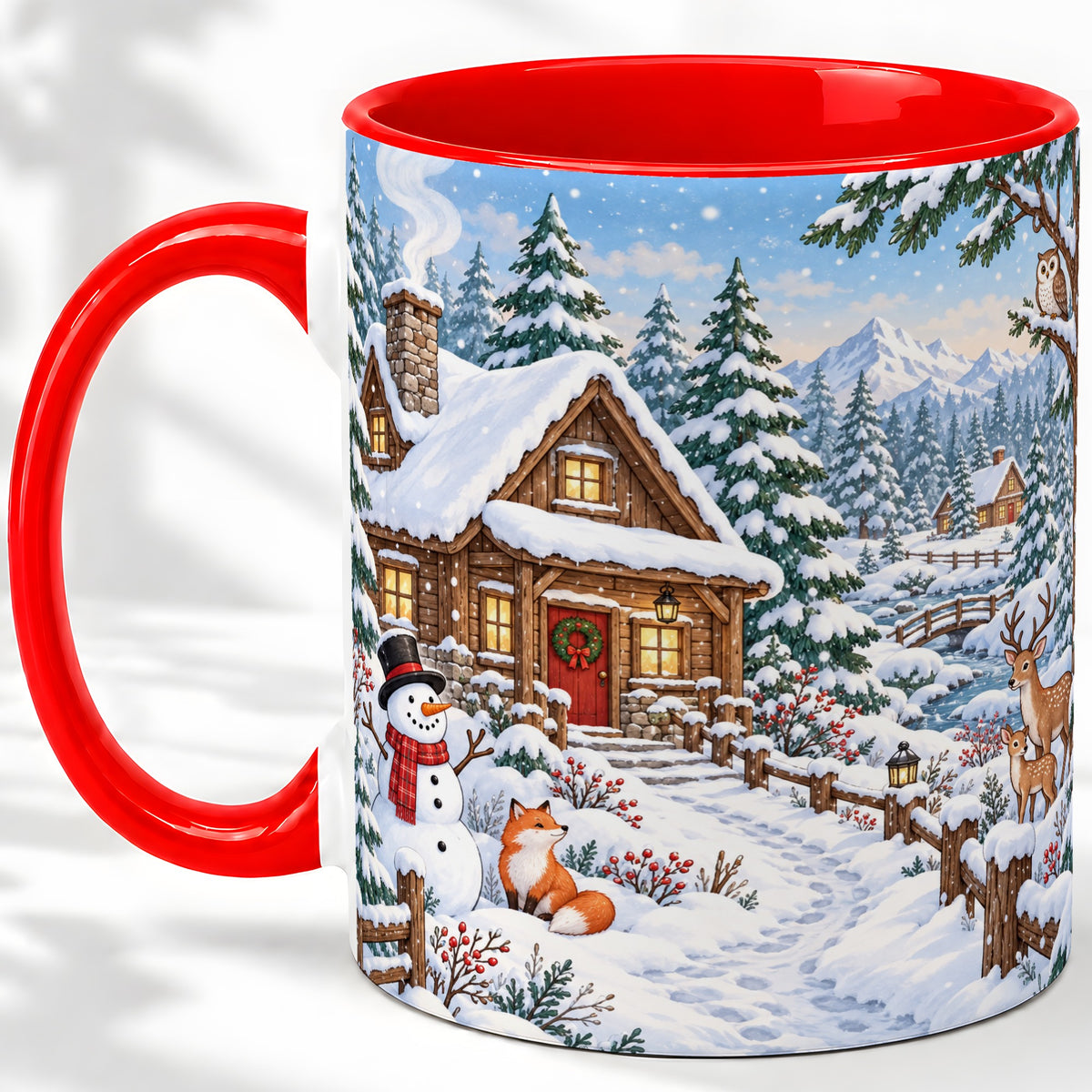 Snowy Cabin Accent Mug, Ceramic Mug with Winter Forest Artwork