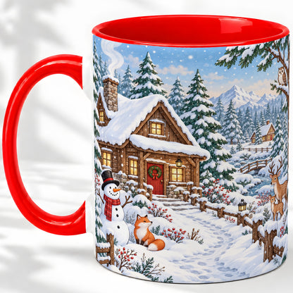 Snowy Cabin Accent Mug, Ceramic Mug with Winter Forest Artwork