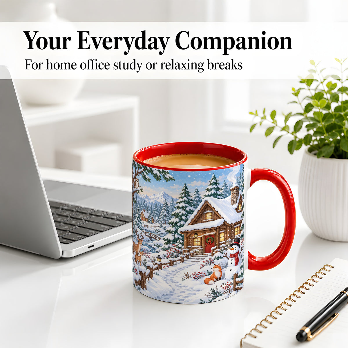 #pl[11oz|Red] Snowy Cabin Accent Mug, Ceramic Mug with Winter Forest Artwork