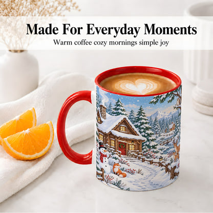 #pl[11oz|Red] Snowy Cabin Accent Mug, Ceramic Mug with Winter Forest Artwork