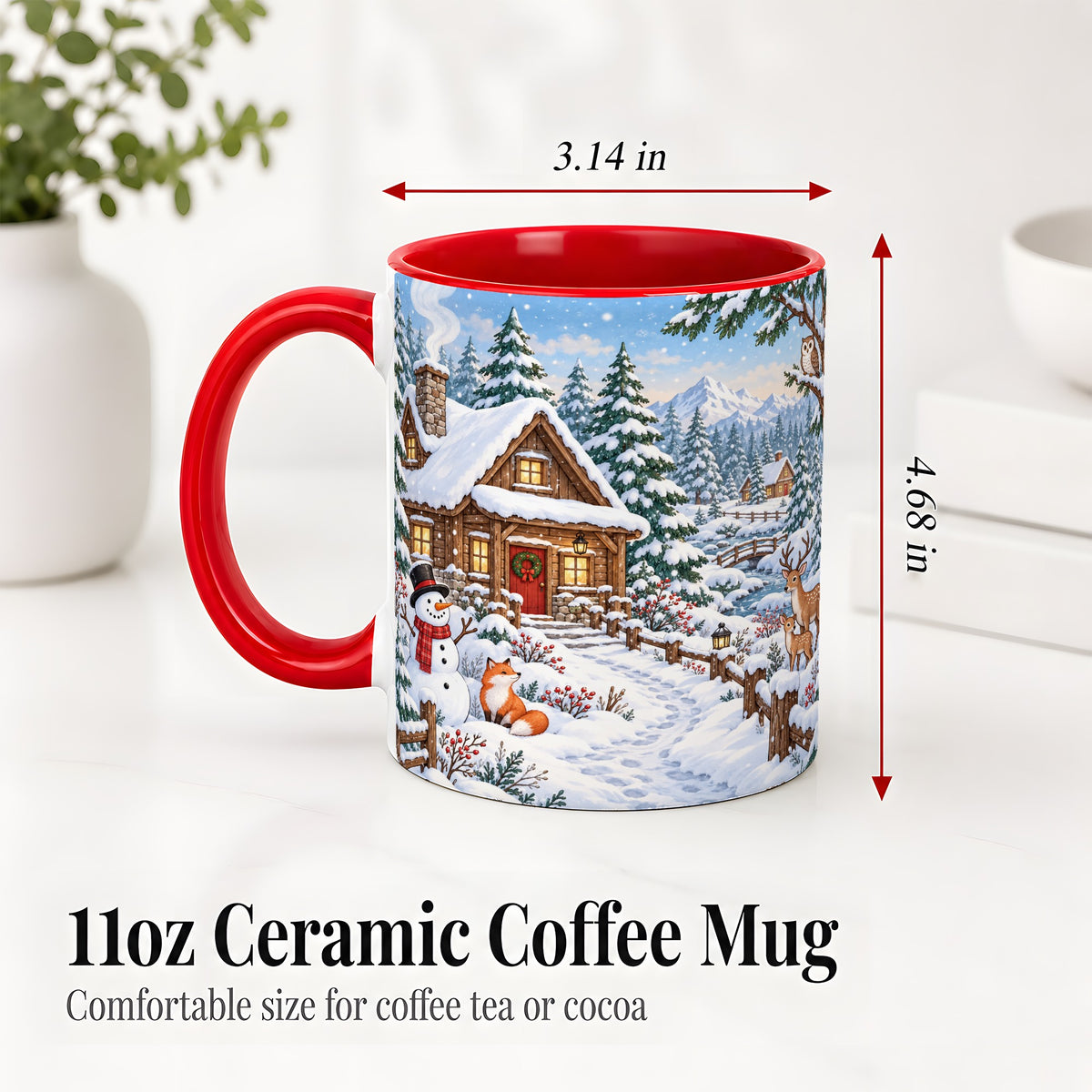 #pl[11oz|Red] Snowy Cabin Accent Mug, Ceramic Mug with Winter Forest Artwork