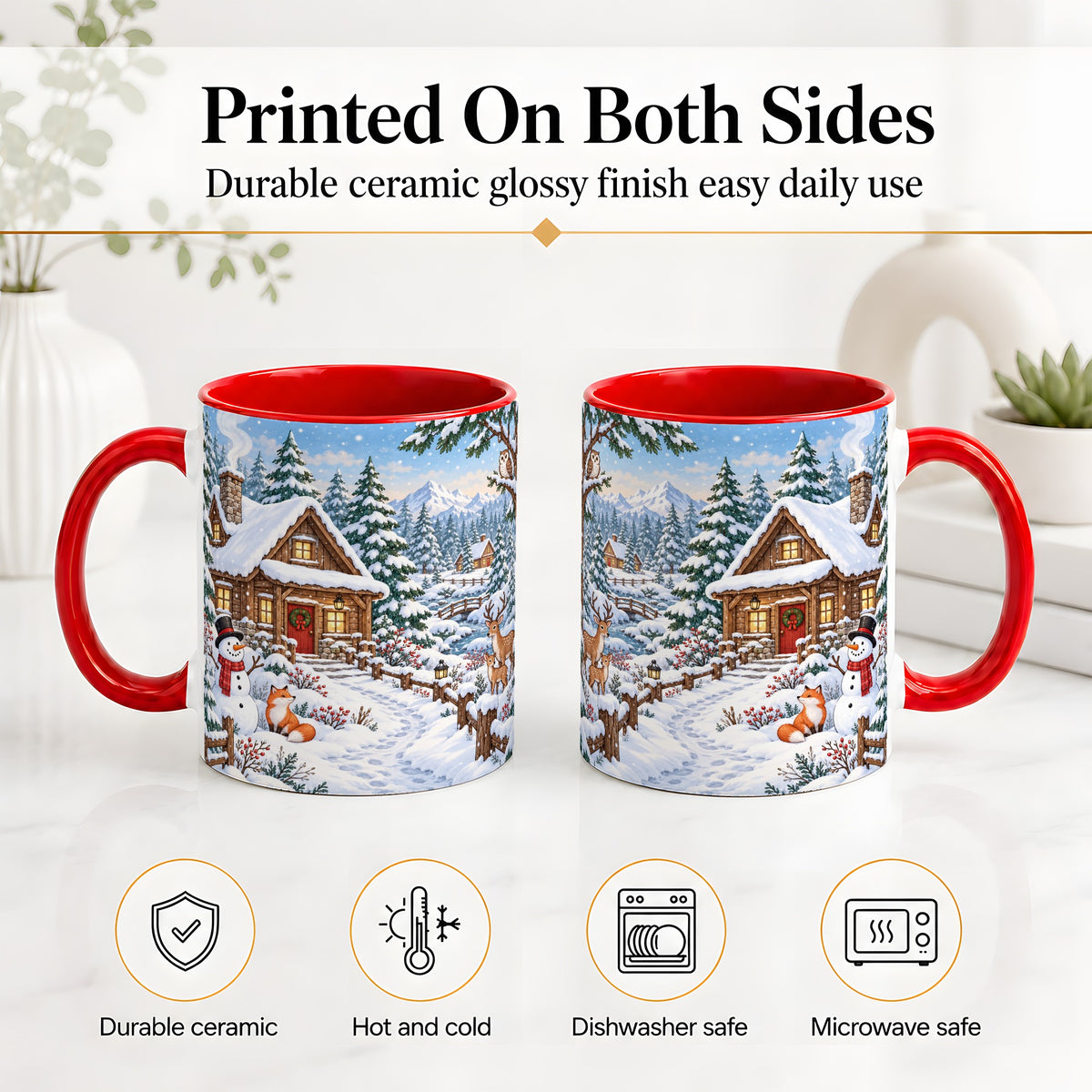 #pl[11oz|Red] Snowy Cabin Accent Mug, Ceramic Mug with Winter Forest Artwork