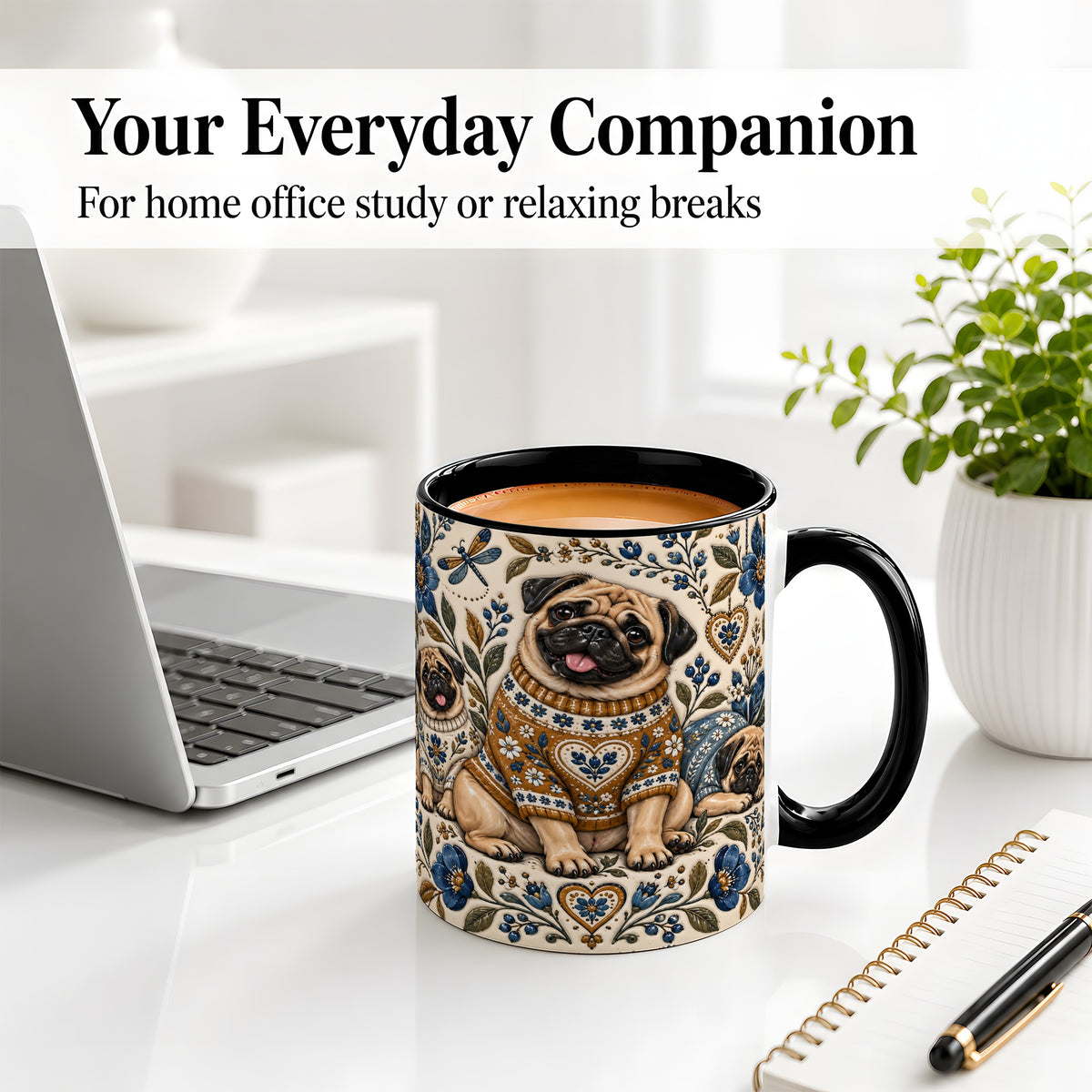 #pl[11oz|Black] Pug Floral Accent Mug, Ceramic Mug with Cozy Sweater Artwork