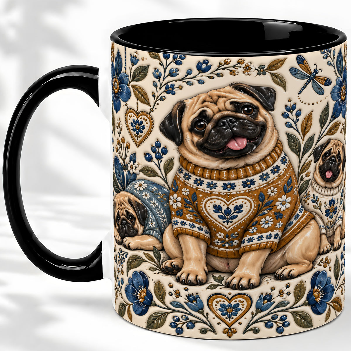 #pl[11oz|Black] Pug Floral Accent Mug, Ceramic Mug with Cozy Sweater Artwork