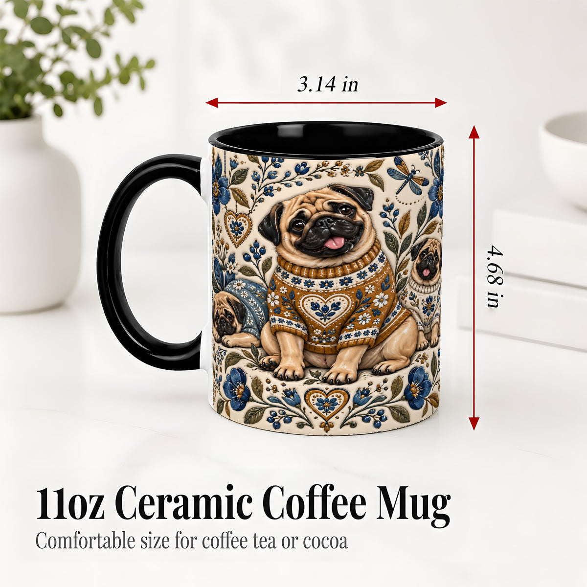 #pl[11oz|Black] Pug Floral Accent Mug, Ceramic Mug with Cozy Sweater Artwork