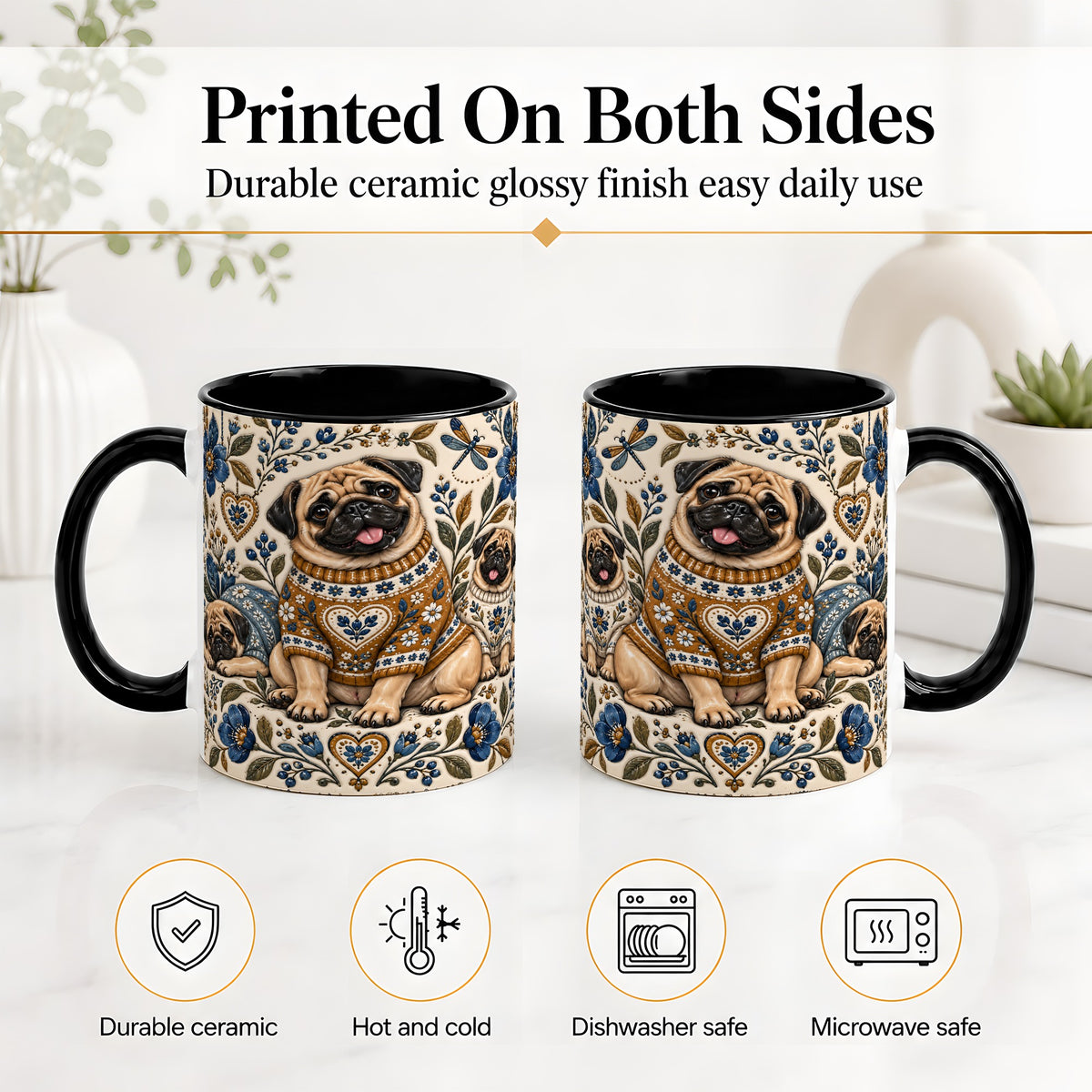 #pl[11oz|Black] Pug Floral Accent Mug, Ceramic Mug with Cozy Sweater Artwork
