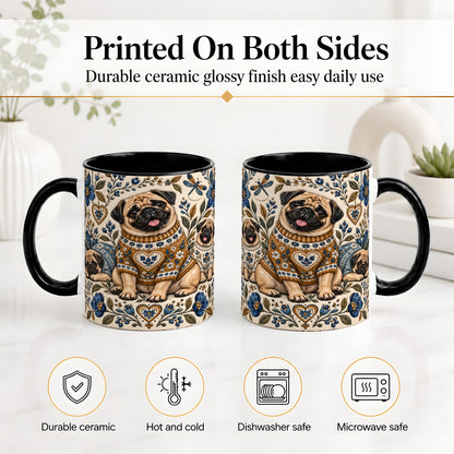 #pl[11oz|Black] Pug Floral Accent Mug, Ceramic Mug with Cozy Sweater Artwork